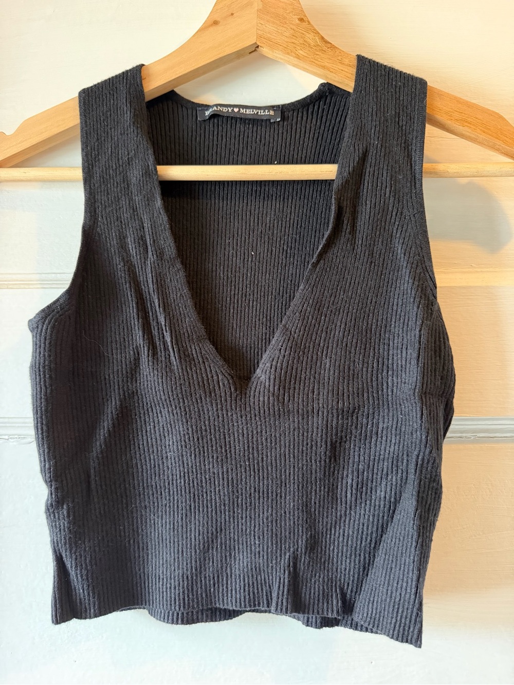 Brandy Melville Black Ribbed V-Neck Crop Tank